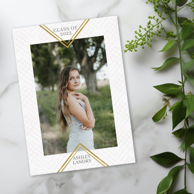 Chic Geometric Gold Frame Photo Graduation Invitation (Creator Uploaded)
