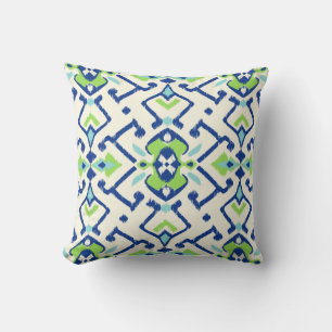 Chic geometric green blue ikat tribal pattern cushion