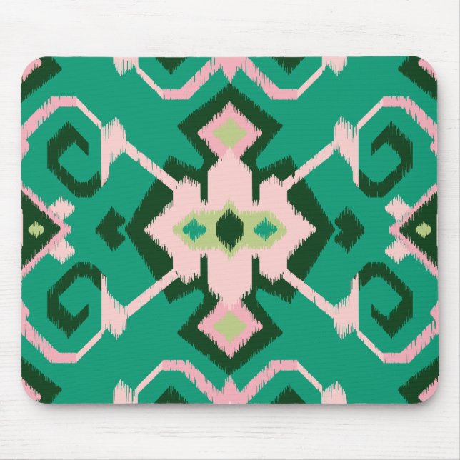 Chic geometric green pink ikat tribal pattern mouse mat (Front)