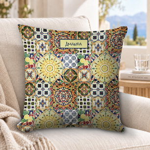 Chic geometric Mediterranean orange tiles monogram Cushion