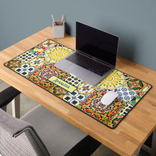 Chic geometric Mediterranean orange tiles monogram Desk Mat