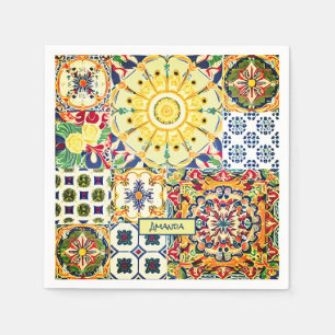 Chic geometric Mediterranean orange tiles monogram Napkin