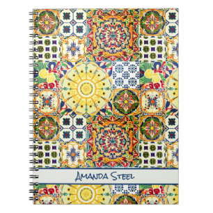 Chic geometric Mediterranean orange tiles monogram Notebook