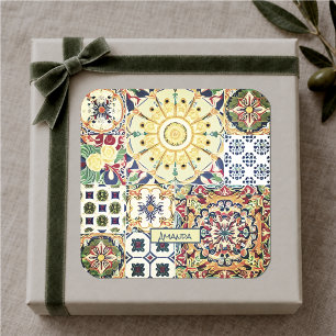 Chic geometric Mediterranean orange tiles monogram Square Sticker
