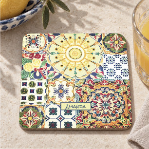 Chic geometric Mediterranean orange tiles monogram Stone Coaster