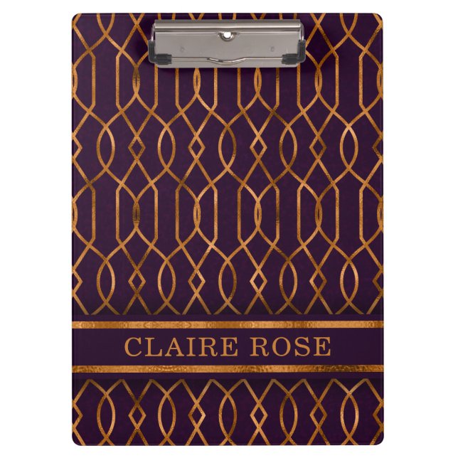 Chic Geometric Purple Gold Lattice Pattern Clipboard (Front)