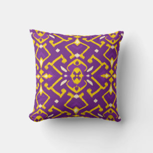 Chic geometric purple yellow ikat tribal pattern cushion