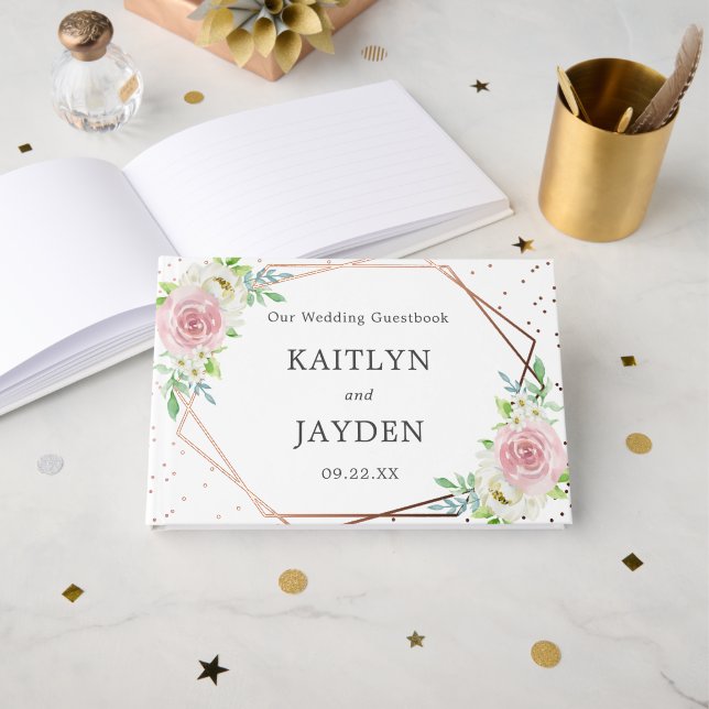 Chic Geometric Rose Gold Foil Floral Wedding Guest Book (Front Open)