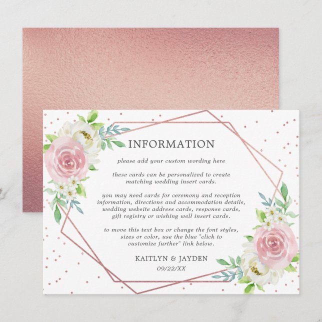 Chic Geometric Rose Gold Foil Floral Wedding Info Invitation (Front/Back)