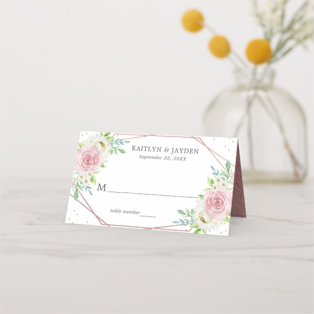 Chic Geometric Rose Gold Foil Floral Wedding Place Card (Front)