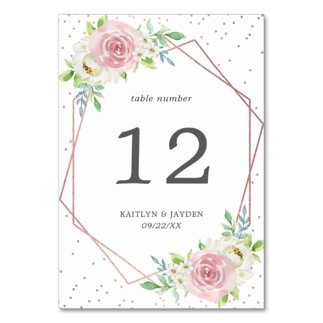 Chic Geometric Rose Gold Foil Floral Wedding Table Number (Front)