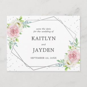 Chic Geometric Silver Foil Floral Save The Date Announcement Postcard
