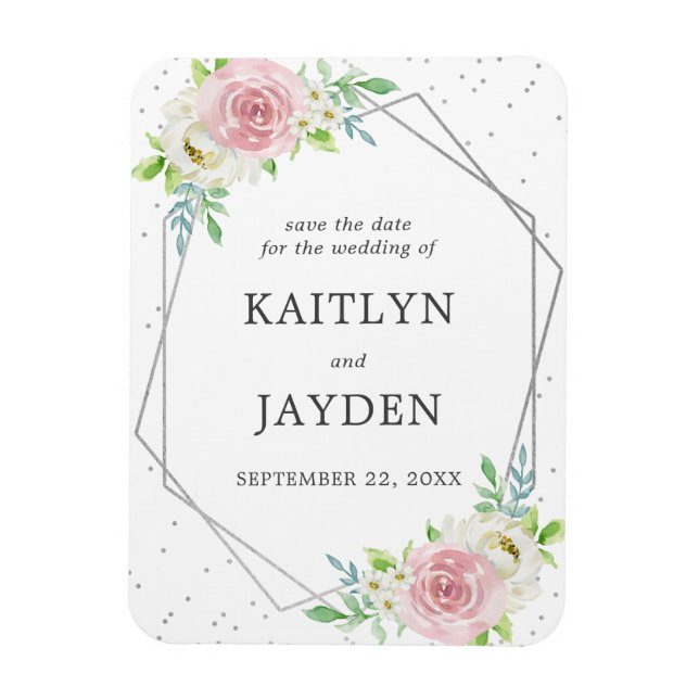 Chic Geometric Silver Foil Floral Save The Date Magnet (Vertical)