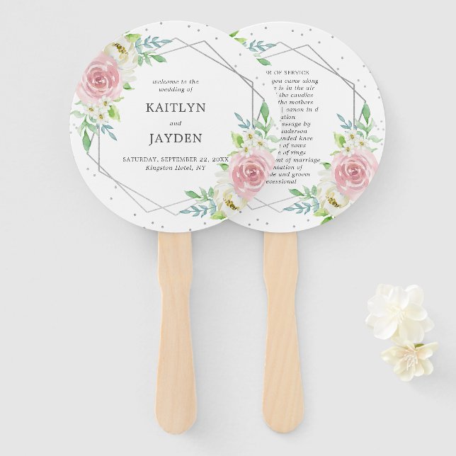 Chic Geometric Silver Foil Floral Wedding Hand Fan (Front and Back)