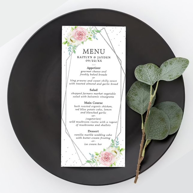 Chic Geometric Silver Foil Floral Wedding Menu (Creator Uploaded)