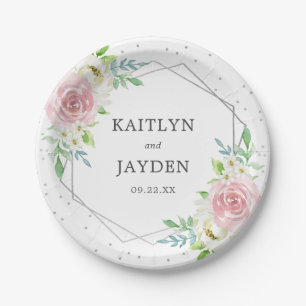 Chic Geometric Silver Foil Floral Wedding Paper Plate