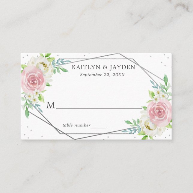 Chic Geometric Silver Foil Floral Wedding Place Card (Front)