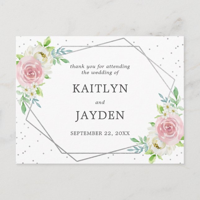 Chic Geometric Silver Foil Floral Wedding Postcard (Front)
