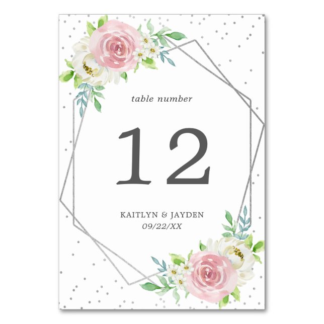 Chic Geometric Silver Foil Floral Wedding Table Number (Front)