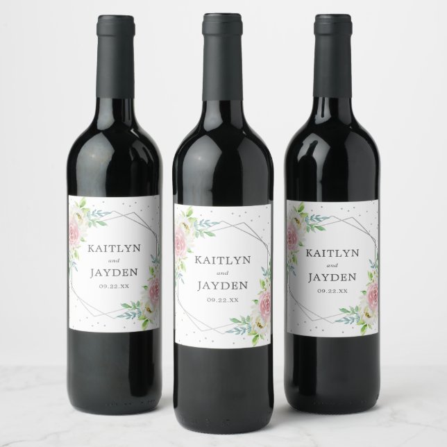 Chic Geometric Silver Foil Floral Wedding Wine Label (Bottles)