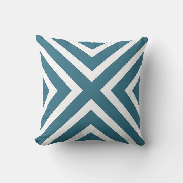 Chic Geometric Stripes in Teal Blue and White Cushion (Front)