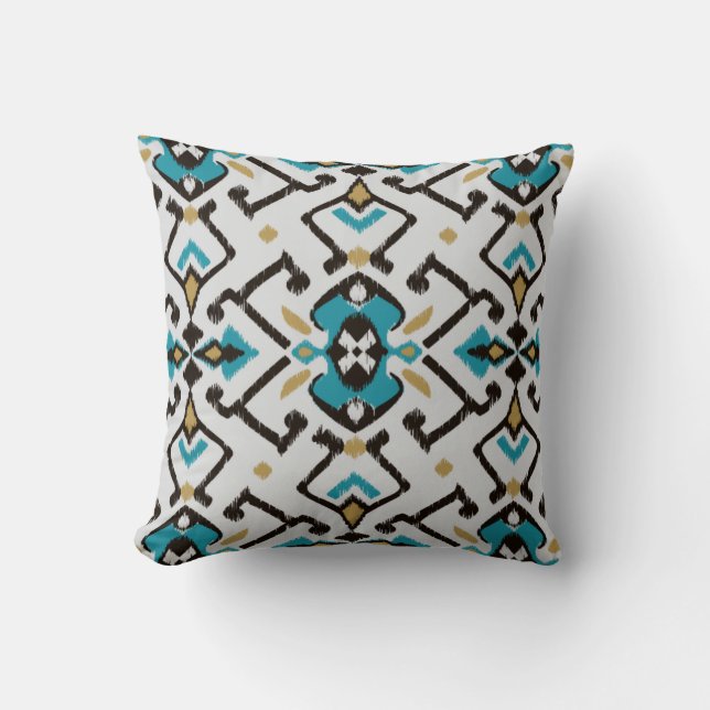 Chic geometric teal black ikat tribal pattern cushion (Front)