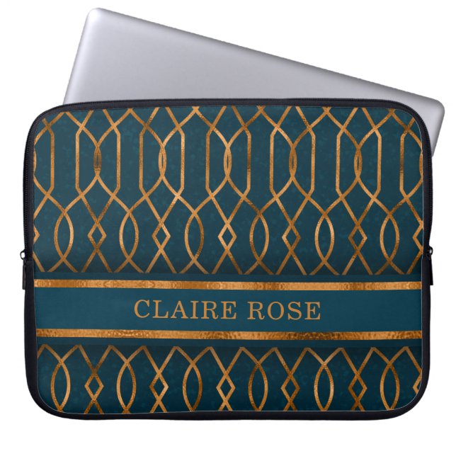 Chic Geometric Teal Gold Lattice Pattern Laptop Sleeve (Front)