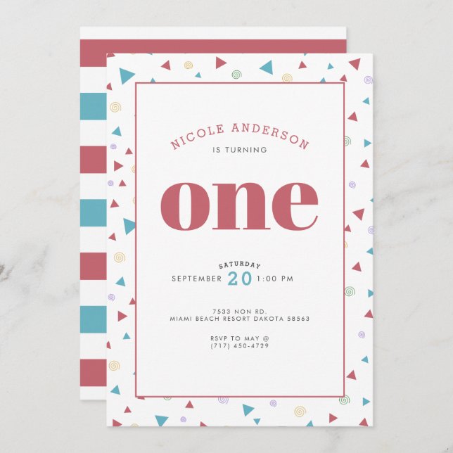 Chic Geometric Triangle and Swirls First Birthday Invitation (Front/Back)