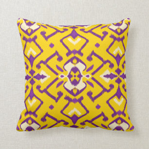 Chic geometric yellow purple ikat tribal pattern cushion