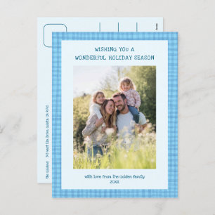 Chic Gingham Blue Christmas Custom 3 Photo Holiday Postcard