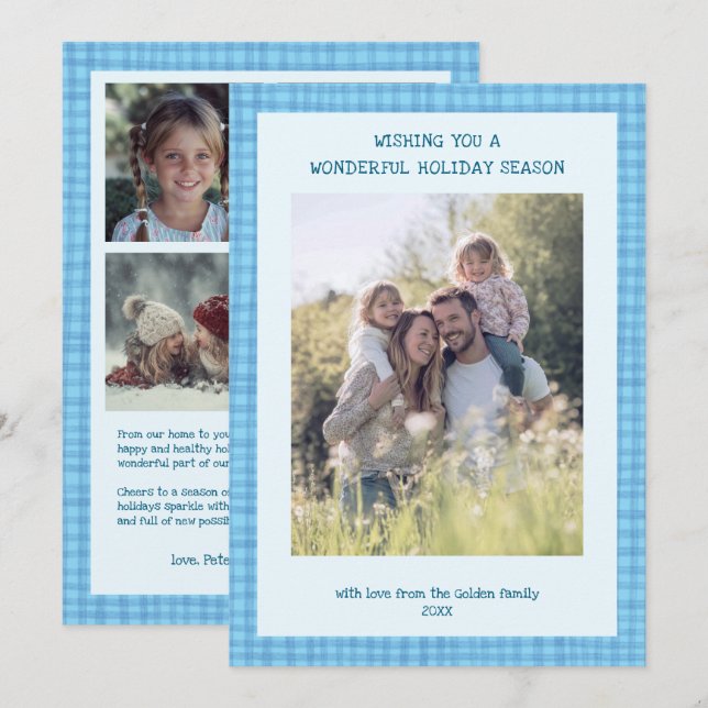 Chic Gingham Christmas Blue Custom 5 Photo  Holiday Card (Front/Back)