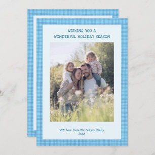 Chic Gingham Christmas Blue Custom 5 Photo Holiday Card