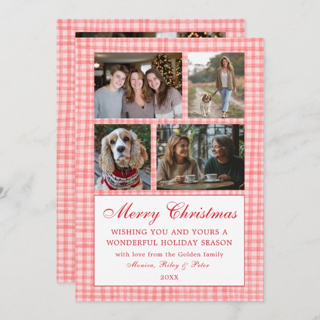 Chic Gingham Christmas Custom 9 Photo Collage Pink Holiday Card (Front/Back)