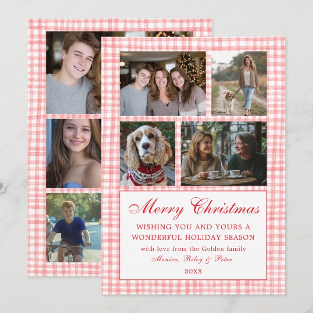 Chic Gingham Christmas Custom 9 Photo Collage red Holiday Card (Front/Back)