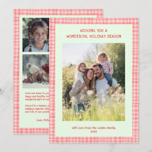 Chic Gingham Christmas Pink Green Custom 5 Photo Holiday Card