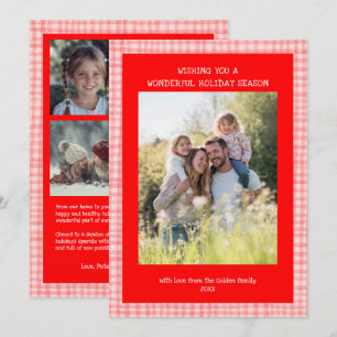 Chic Gingham Christmas Pink Red Custom 5 Photo  Holiday Card