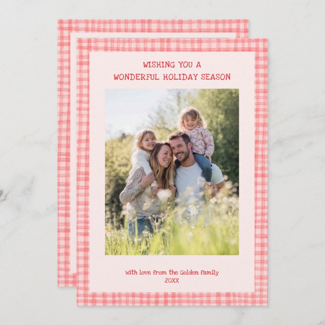 Chic Gingham Christmas Pink Red Custom 5 Photo  Holiday Card (Front/Back)