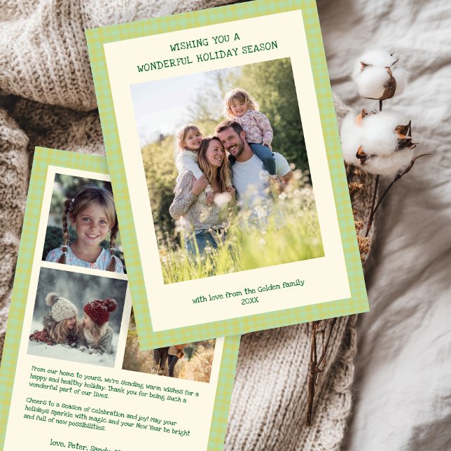 Chic Gingham Christmas YellowGreen Custom 5 Photo  Holiday Card (Chic Gingham Christmas Yellow Green Custom 5 Family Photo Collage Holiday Card
)