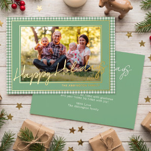 Chic Gingham Gold Foil Happy Holidays Family Photo Holiday Card