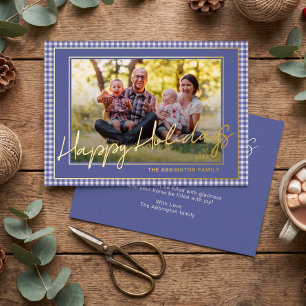 Chic Gingham Gold Foil Happy Holidays Family Photo Holiday Card