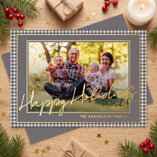 Chic Gingham Gold Foil Happy Holidays Family Photo Holiday Card