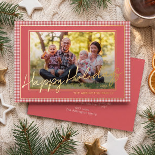 Chic Gingham Gold Foil Happy Holidays Family Photo Holiday Card