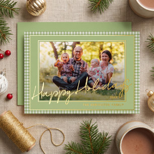 Chic Gingham Gold Foil Happy Holidays Family Photo Holiday Card