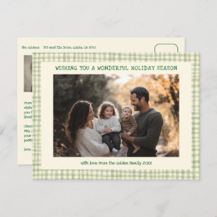 Chic Gingham Green Christmas Custom 3 Photo Holiday Postcard