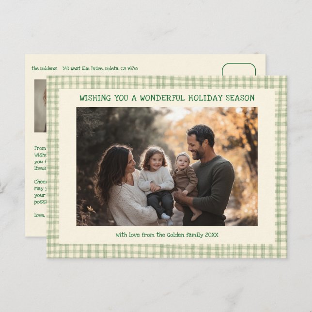 Chic Gingham Green Christmas Custom 3 Photo  Holiday Postcard (Front/Back)