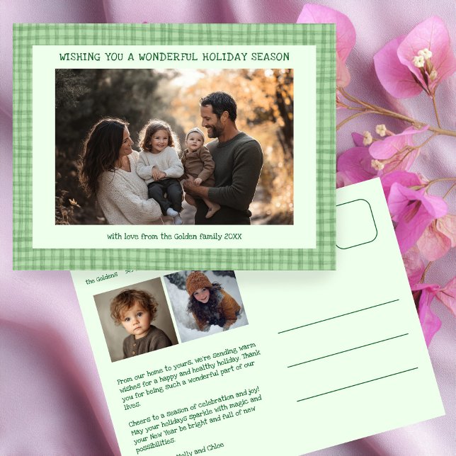 Chic Gingham Green Christmas Custom 3 Photo  Holiday Postcard (Chic Gingham Green Christmas Custom 3 Photo Holiday Postcard
)
