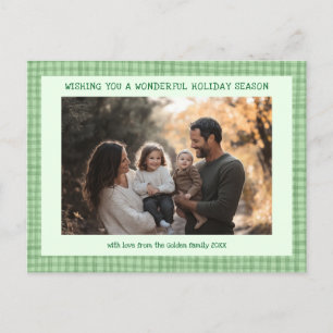 Chic Gingham Green Christmas Custom 3 Photo  Holiday Postcard