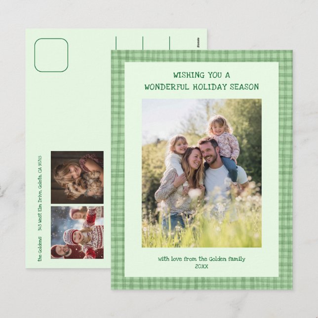Chic Gingham Green Christmas Custom 3 Photo  Holiday Postcard (Front/Back)