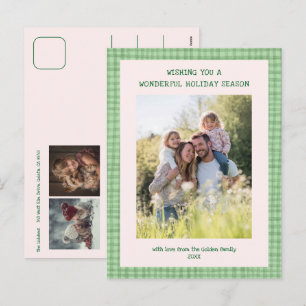 Chic Gingham Green Christmas Custom 3 Photo  Holiday Postcard