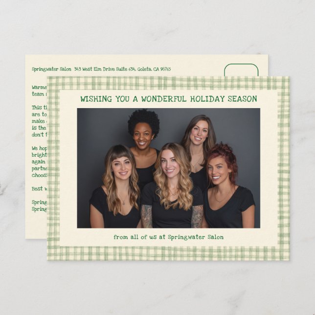 Chic Gingham Green Christmas Custom Business  Holiday Postcard (Front/Back)
